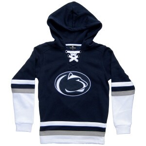 navy, white, and gray youth lace up hockey hooded sweatshirt with Penn State Athletic Logo